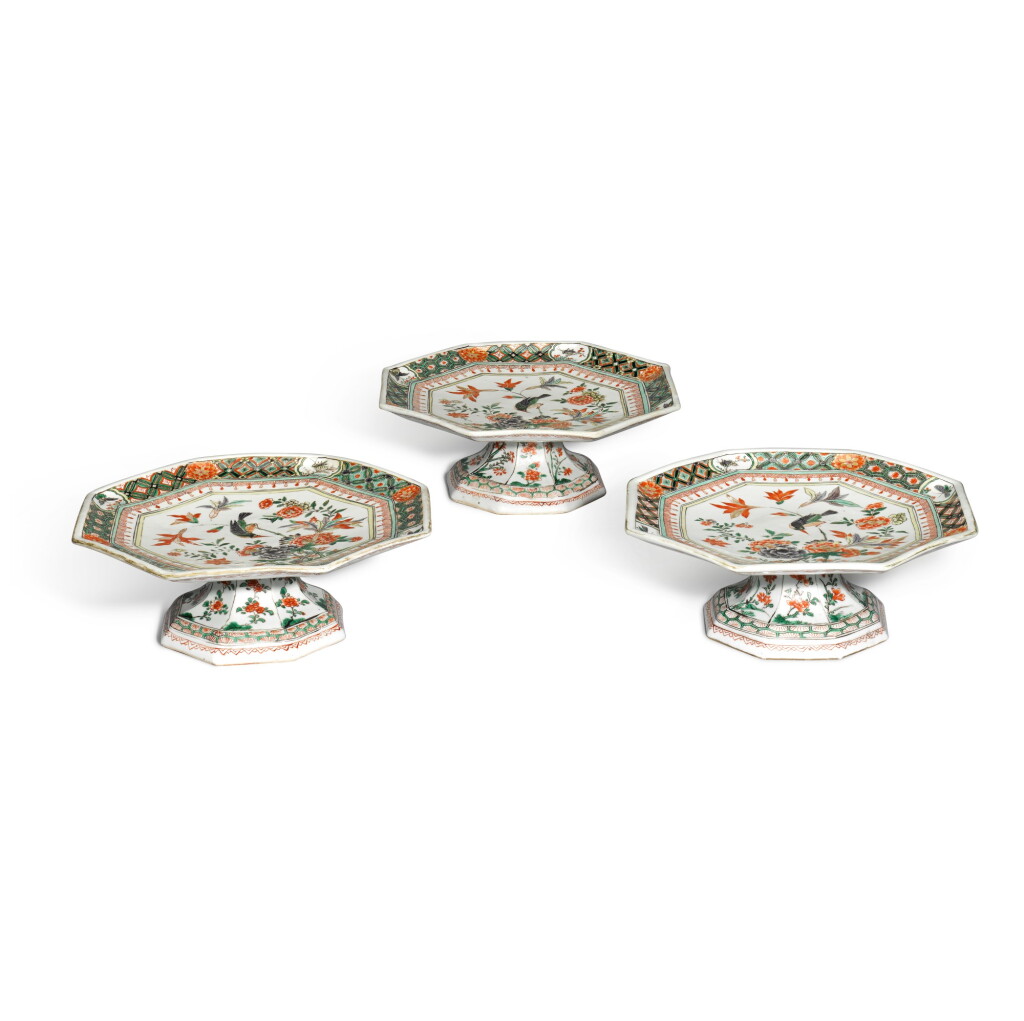 View full screen - View 1 of Lot 237. Three famille-verte tazza, Qing dynasty, Kangxi period.
