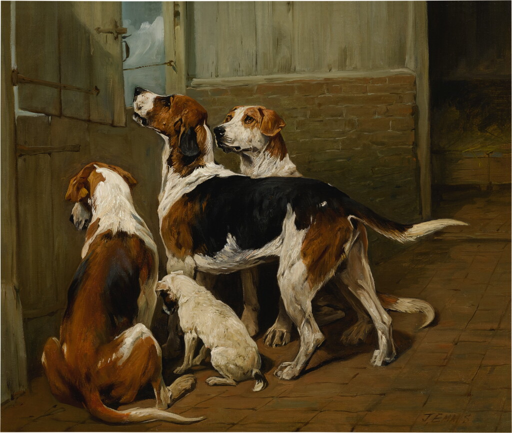 View full screen - View 1 of Lot 59. JOHN EMMS | HOUNDS BY A STABLE DOOR.