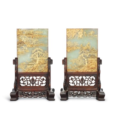 View full screen - View 1 of Lot 532. A pair of gilt-painted celadon jade screens, Qing dynasty 清 青白玉描金山水樓閣圖硯屏一對.