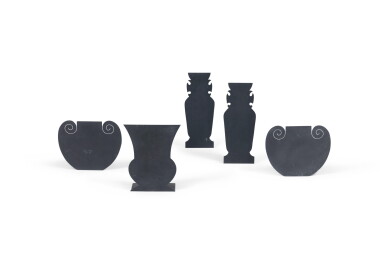 View full screen - View 1 of Lot 101. A suite of five black lacquered metal and transparent resin vases, 20th century.