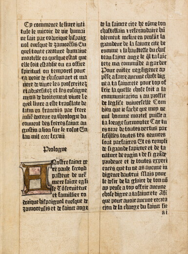 View full screen - View 1 of Lot 56. Cy commence le livre intitule le miroir de vie humaine... Lyon, 1477. In-folio. Reliure du XVIIe siècle. Première édition de la traduction française..