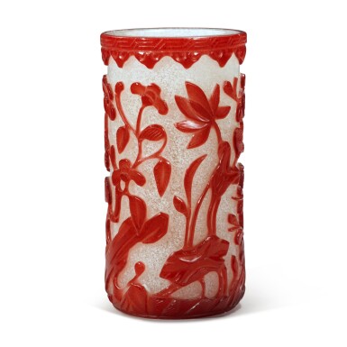 View full screen - View 1 of Lot 61. A red overlay snowflake glass 'flower' brushpot, Qing dynasty, 19th century.