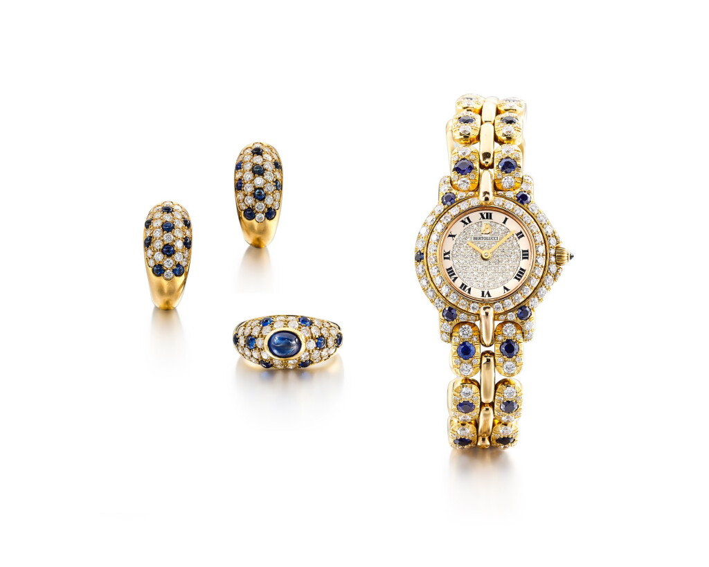 View full screen - View 1 of Lot 1612. Diamond and Sapphire Demi-Parure and 'Pulchra' Wristwatch | 卡地亞及Bertolucci | 鑽石 配 藍寶石 戒指及耳環套裝 及'Pulchra' 腕錶.
