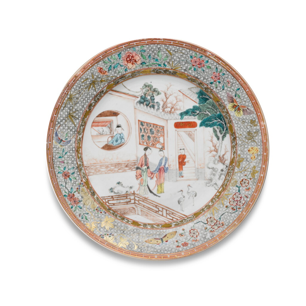 View full screen - View 1 of Lot 323. A large famille-rose and gilt-decorated dish, Qing dynasty, Yongzheng period | 清雍正 粉彩描金人物故事圖盤.