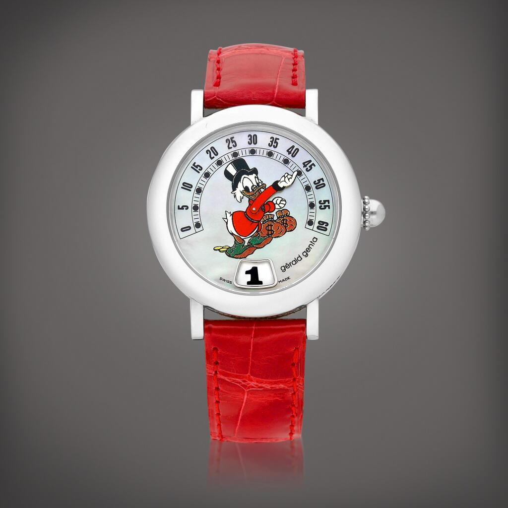 View full screen - View 1 of Lot 2151. Retro Fantasy "Scrooge McDuck", Reference G.3612 | A stainless steel jumping hours wristwatch with retrograde minutes and mother-of-pearl dial, Circa 1995 | Retrograde Fantasy | "Scrooge McDuck" 型號G.3612 | 精鋼跳時腕錶,備逆跳分鐘及珠母貝錶盤,約1995年製.