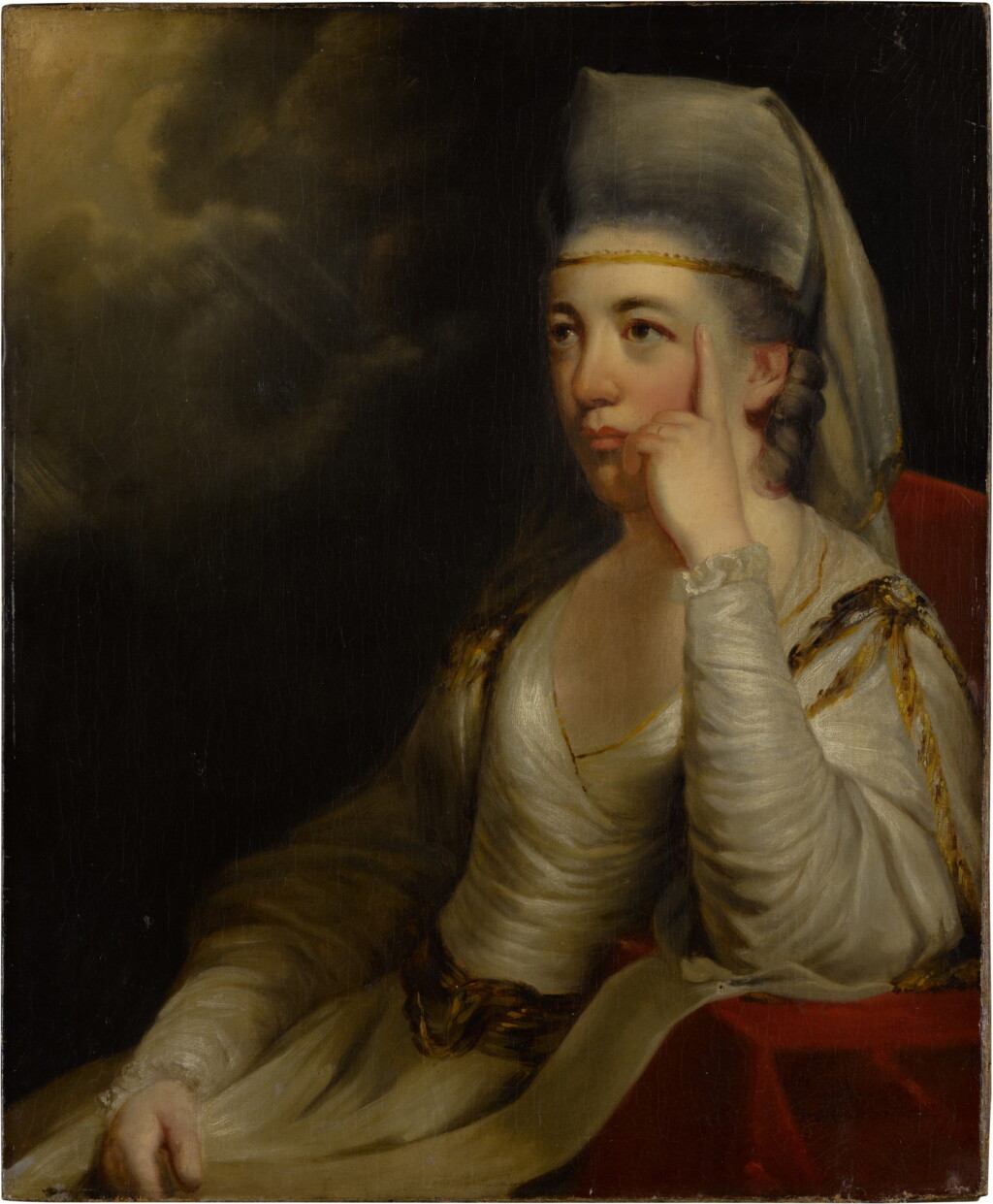 View full screen - View 1 of Lot 222. Portrait of Margaret Georgiana, Countess Spencer, née Poyntz (1737-1814), seated on a red draped chair, one hand raised to her cheek.