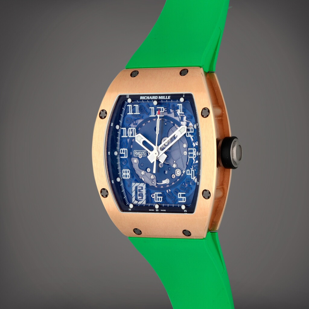 View full screen - View 1 of Lot 64. Reference RM005 AF PG | A pink gold semi-skeletonised wristwatch with date | Circa 2004 | Richard Mille | 型號RM005 AF PG | 粉紅金半鏤空腕錶備日期顯示,製作年份約2004.