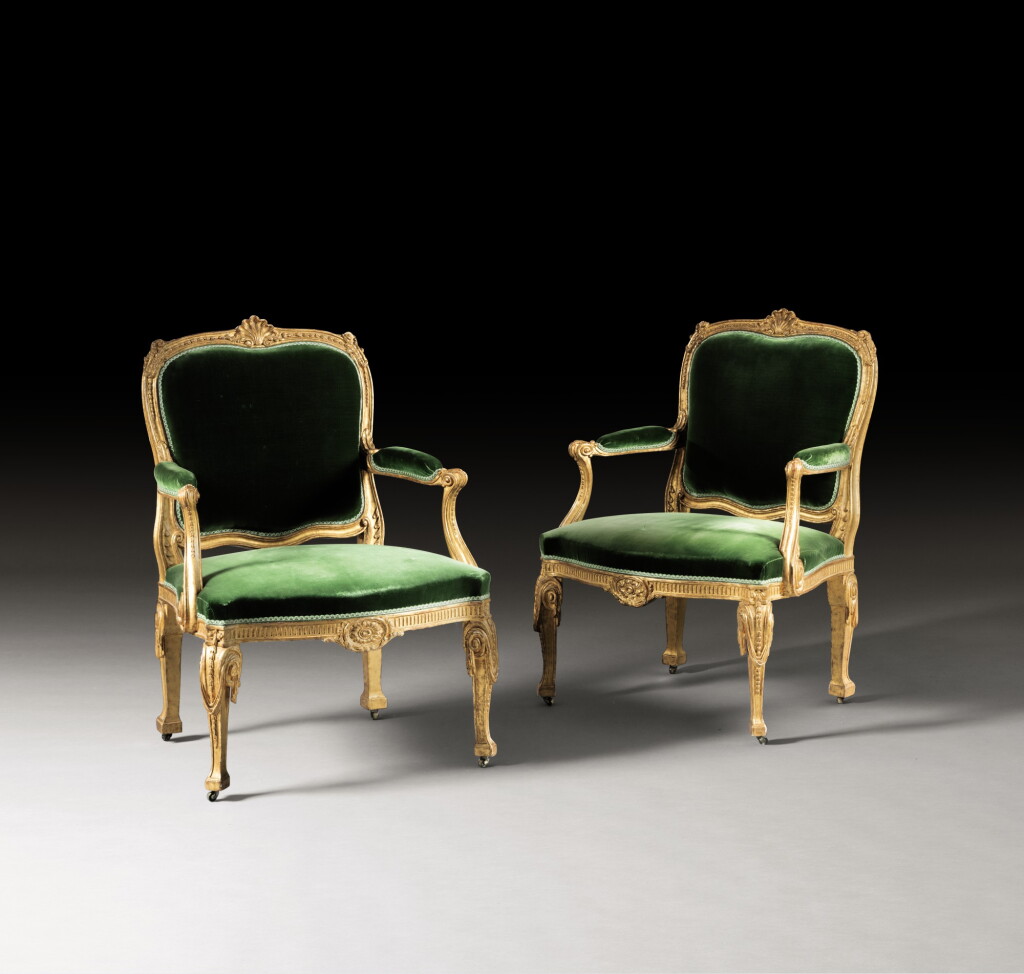 View full screen - View 1 of Lot 218. A pair of George III carved giltwood armchairs, English, circa 1770 (regilt).