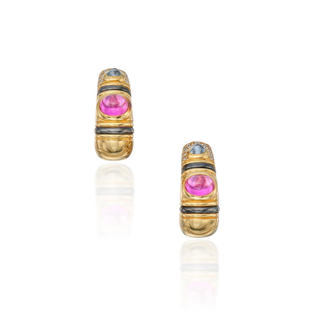 View full screen - View 1 of Lot 464. Pair of Gold, Synthetic Colored Stone and Diamond Earclips.