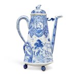 A Chinese Export Blue and White 'Mythological Subject' Hexagonal Coffee Pot and Cover, Qing Dynasty, Kangxi Period | 清康熙 青花西洋人物故事圖六方執壺