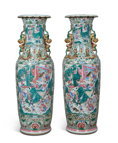 View full screen - View 1 of Lot 58. A PAIR OF MONUMENTAL CHINESE CANTON FAMILLE-ROSE VASES, QING DYNASTY, 19TH CENTURY .