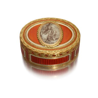 View full screen - View 1 of Lot 61. A Large Two-Colored Gold and Enamel Snuff Box, Esaias Fernau, Hanau, Circa 1780.