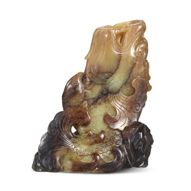 View full screen - View 1 of Lot 3615. A pale green and brown jade 'dragon carp' vase Qing dynasty, 17th – 18th century | 清十七至十八世紀 青玉魚龍花插.