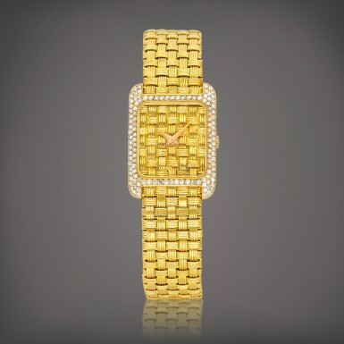 View full screen - View 1 of Lot 8884. Reference 3401 RE | A yellow gold and diamond-set bracelet watch, Circa 1970 | 江詩丹頓 | 型號3401 RE | 黃金鑲鑽石鏈帶腕錶,約1970年製.