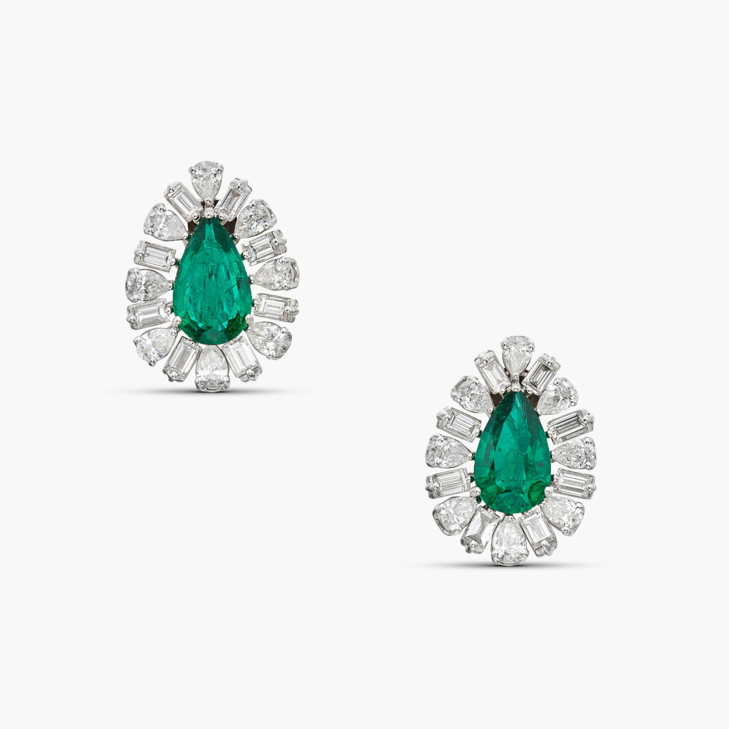 View full screen - View 1 of Lot 2. Pair of Emerald and Diamond Earclips.