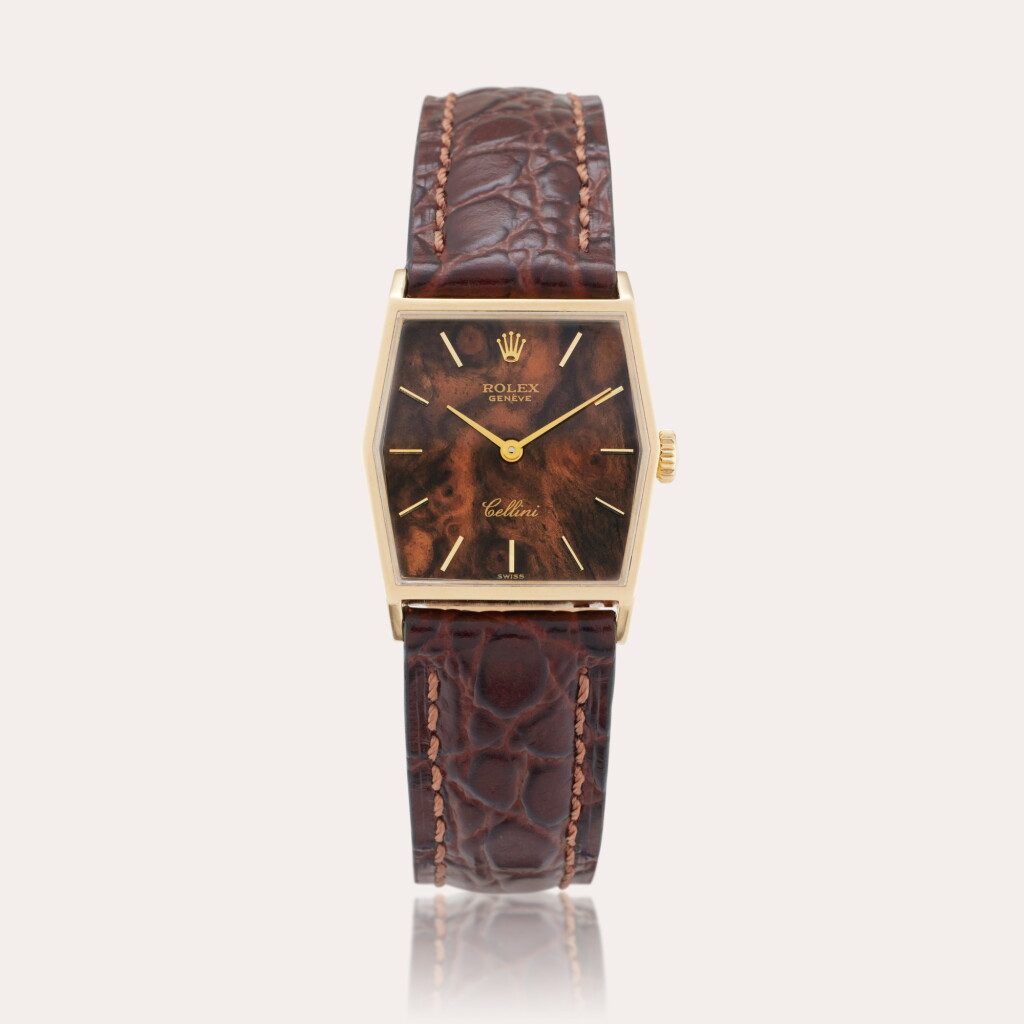 View full screen - View 1 of Lot 73. Reference 4121-32 Cellini | A yellow gold wristwatch with burlwood dial, Circa 1976.