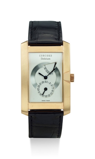 View full screen - View 1 of Lot 8263. CONCORD | DELIRIUM, A LIMITED EDITION PINK GOLD WRISTWATCH WITH POWER RESERVE INDICATION AND DATE, CIRCA 2000.