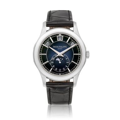 View full screen - View 1 of Lot 2238. Reference 5205 | A white gold annual calendar wristwatch with day, date, moon phases and 24 hours indication, Circa 2019 | 百達翡麗 | 型號5205 | 白金年曆腕錶,備日期、星期、月相及24小時顯示,約2019年製.