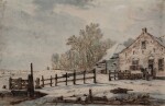 Winter landscape with a farm by a river