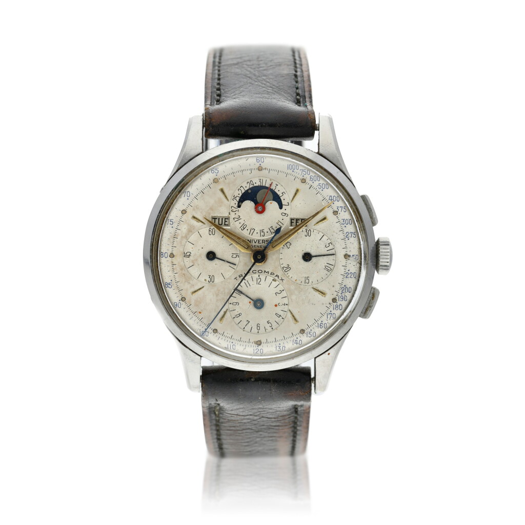 View full screen - View 1 of Lot 141. Reference 22279 2 A stainless steel triple calendar chronograph wristwatch, Circa 1954.