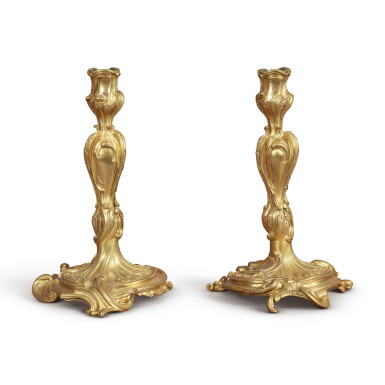 View full screen - View 1 of Lot 718. A PAIR OF LOUIS XV STYLE GILT BRONZE CANDLESTICKS.