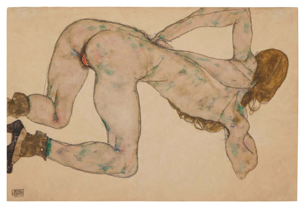 View full screen - View 1 of Lot 54. Gebeugter Akt, den linken Arm auf der Hüfte (recto); Nach vorn gebeugter weiblicher Akt (verso); (Nude Bending Over, Left Arm on Hip (recto)); (Female Nude Bending Forward (verso)).
