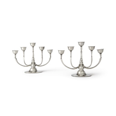 View full screen - View 1 of Lot 30. A PAIR OF DANISH SILVER FIVE-LIGHT CANDELABRA, NO. 537A, DESIGNED BY HARALD NIELSEN, GEORG JENSEN SILVERSMITHY, COPENHAGEN, CIRCA 1933-44.