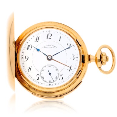 View full screen - View 1 of Lot 196. A rare and fine gold hunting cased keyless lever watch with alarm Circa 1919, no. 62977.
