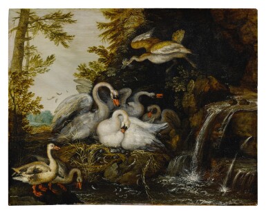 View full screen - View 1 of Lot 519. Landscape with swans near a waterfall.
