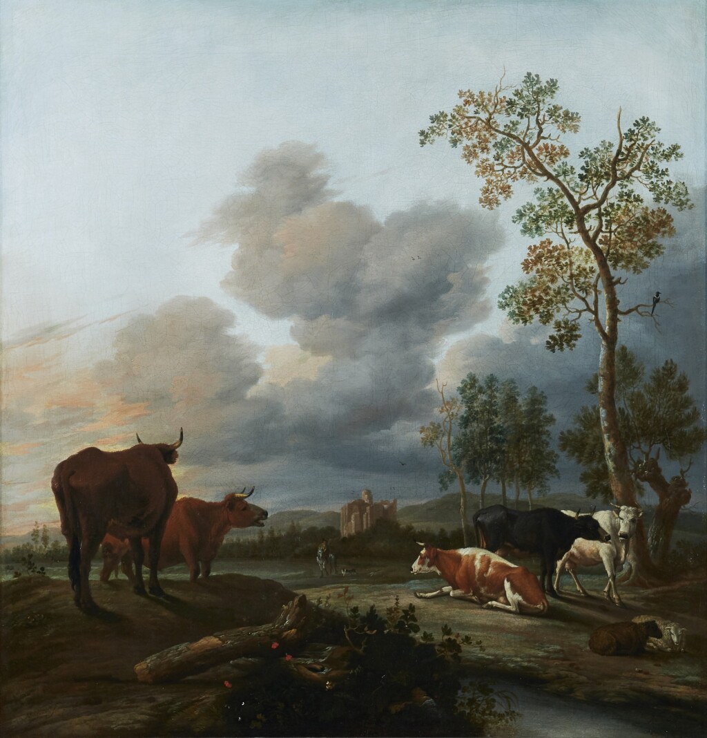 View full screen - View 1 of Lot 207. ANTHONIE VAN BORSSUM | A LANDSCAPE WITH COWS AND SHEEP RESTING UNDER A TREE, A HUNTSMAN AND HIS DOGS NEARBY, A RUINED CASTLE AND MOUNTAINS BEYOND.