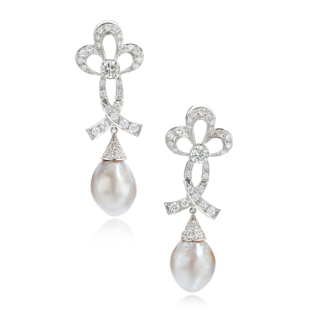 View full screen - View 1 of Lot 880. Pair of natural pearl and diamond pendent earrings.