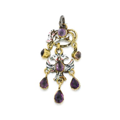 View full screen - View 1 of Lot 1025. A polychrome enamel gold and amethyst pendant with two Birds, Spanish Early 18th century.