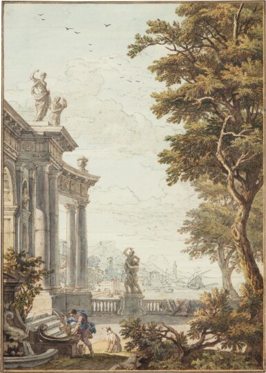 View full screen - View 1 of Lot 1022. A garden next to a classical building and a view of a Mediterranean port | Jardin près d'un monument classique, avec une vue sur un port méditérranéen.