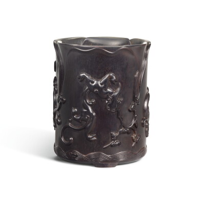 View full screen - View 1 of Lot 63. A ZITAN BRUSHPOT, QING DYNASTY, KANGXI PERIOD | 清康熙 紫檀雕螭龍紋筆筒.