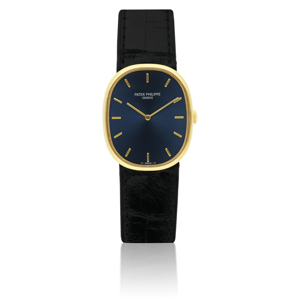 View full screen - View 1 of Lot 127. PATEK PHILIPPE | REF 3848 ELLIPSE, A YELLOW GOLD OVAL WRISTWATCH CIRCA 1990.