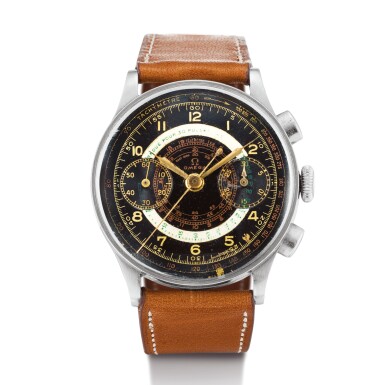 View full screen - View 1 of Lot 2175. OMEGA | REFERENCE CK 2077 A STAINLESS STEEL MULTI-SCALE CHRONOGRAPH WRISTWATCH WITH BLACK DIAL AND PULSATION SCALE, CIRCA 1950" | 奧米茄 | 型號CK 2077 精鋼多刻度計時腕錶,備黑色錶盤及脈搏計刻度,機芯編號9386833,錶殼編號9977567,約1950年製".