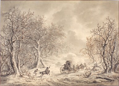 View full screen - View 1 of Lot 363. Winter landscape with a coach being attacked.
