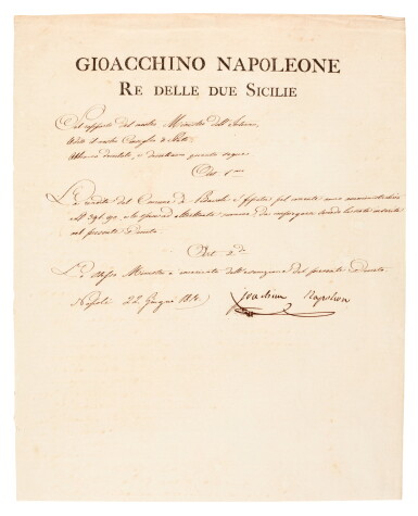 View full screen - View 1 of Lot 74. Joachim Murat | Document signed, as King of Naples and the two Sicilies, about Pedavoli in Calabria, 1810.
