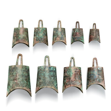 View full screen - View 1 of Lot 3584. A set of nine archaic bronze ritual bells, zhong, Eastern Zhou dynasty, Warring States period |東周戰國 青銅編鐘 一組九件 .