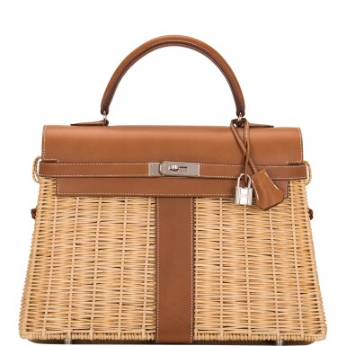 View full screen - View 1 of Lot 14. Hermès Wicker and Barenia Leather Picnic Bag Kelly 35cm Palladium Hardware.