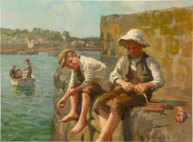 View full screen - View 1 of Lot 105. Boys Fishing on a Quay.