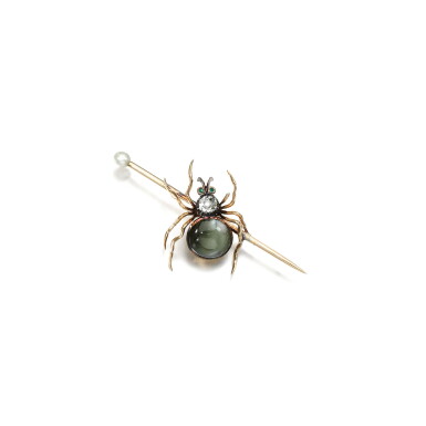 View full screen - View 1 of Lot 262. CHRYSOBERYL, DIAMOND, EMERALD AND PEARL BROOCH, 1880S.