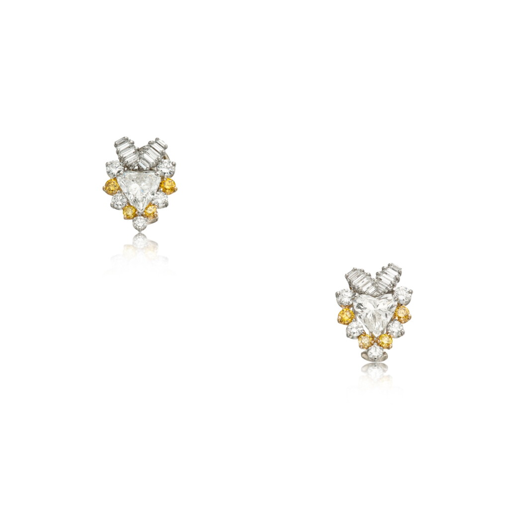 View full screen - View 1 of Lot 242. Pair of Diamond and Colored Diamond Earclips.