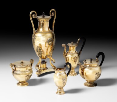 View full screen - View 1 of Lot 90. A French silver-gilt tea and coffee service, mainly Jean-Baptiste-Claude Odiot, Paris, 1798-1819 | Service à thé et café en vermeil principalement par Jean-Baptiste-Claude Odiot, Paris, 1798-1819.