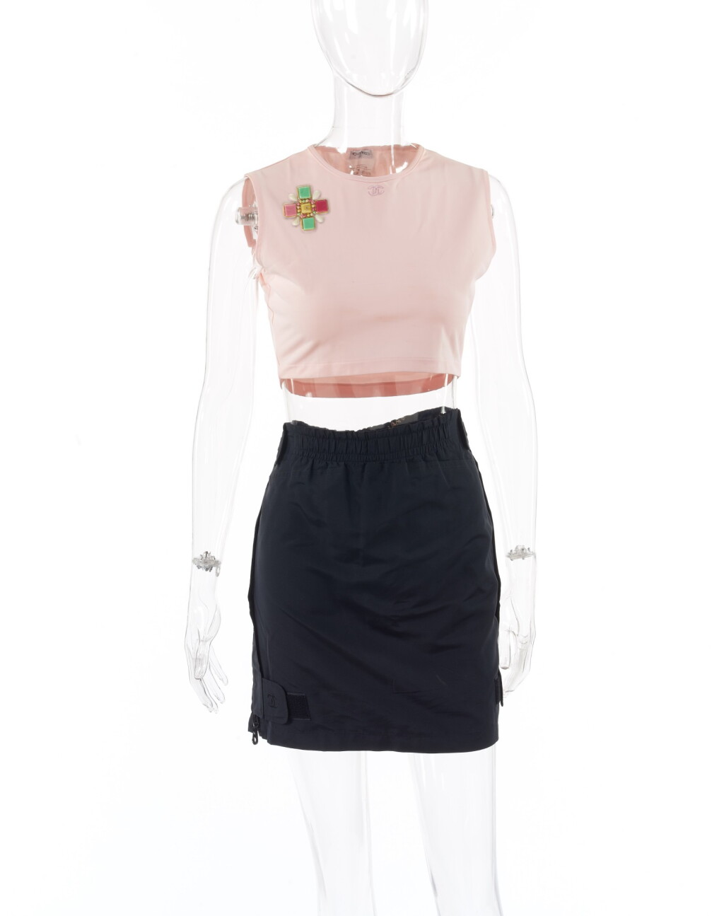 View full screen - View 1 of Lot 102. CHANEL | BLACK SKIRT, SLEEVELESS PINK TOP AND MULTICOLORED BROOCH .