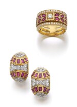 PAIR OF RUBY AND DIAMOND EAR CLIPS AND A RING