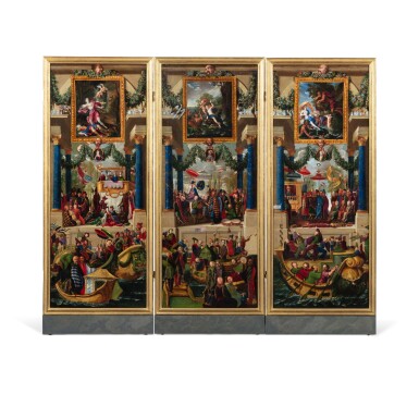 View full screen - View 1 of Lot 594. "Chinoiserie"painted leaf screens: (i) Perseus and Andromeda (ii) Pan and Syrinx (iii) Eurydice in Hell (iv) Acis and Galatea (v) Pyramus and Thisbe (vi) Amphitrite.