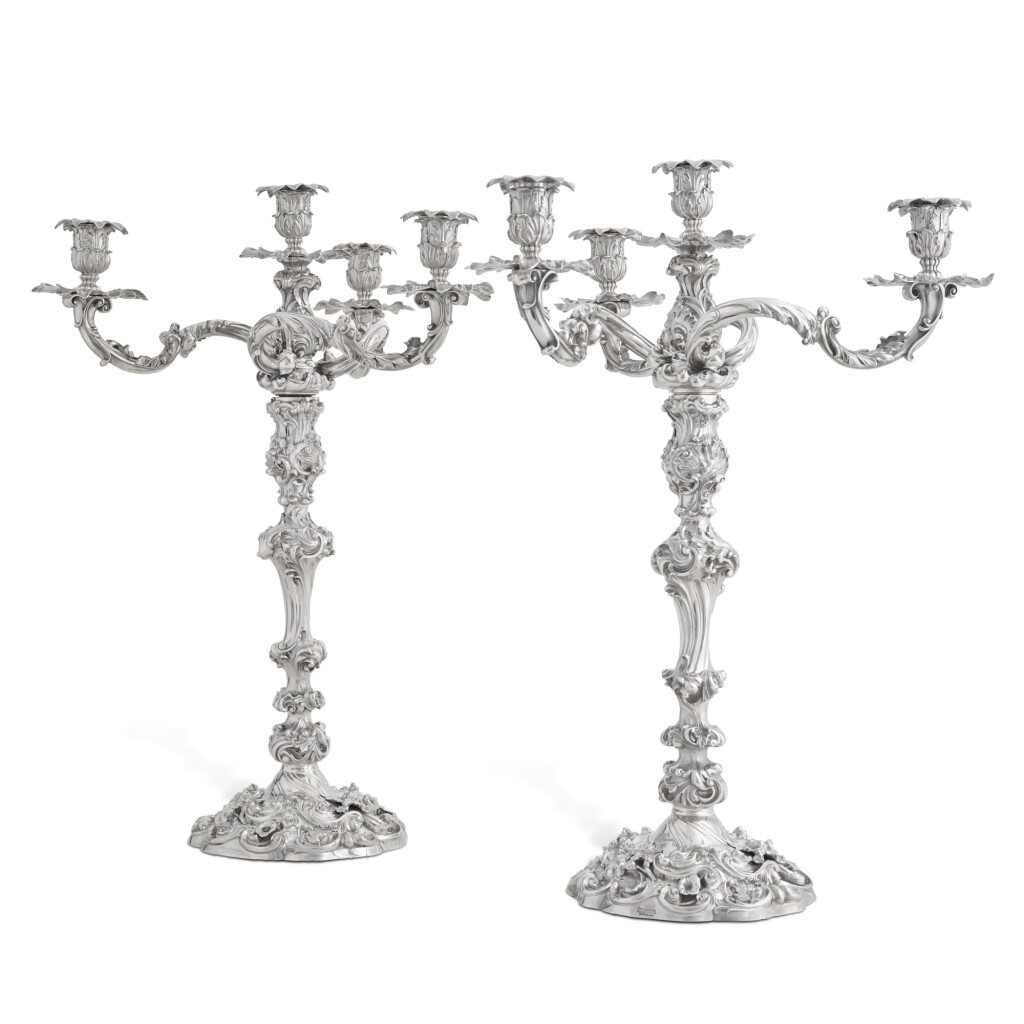 View full screen - View 1 of Lot 68. A pair of Victorian silver four-light candelabra, Robert Garrard, London, 1838, one of the branches 1830.
