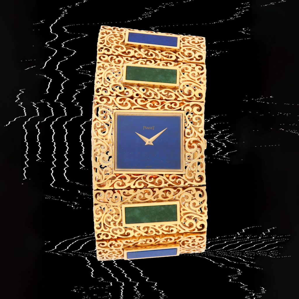 View full screen - View 1 of Lot 31. Reference 9150 D 46 | A yellow gold, nephrite and lapis lazuli-set bracelet watch | Circa 1975.