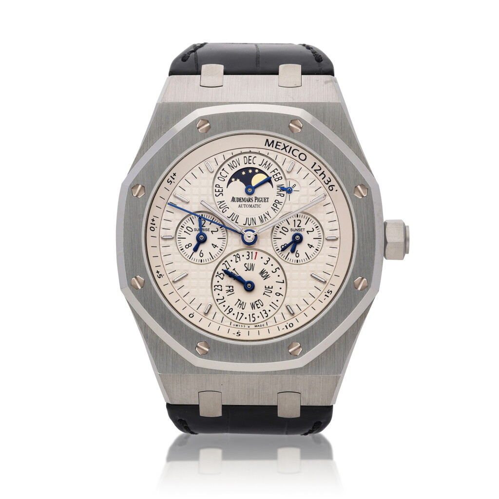 View full screen - View 1 of Lot 106. Reference 26603ST.OO.D002CR.01003 Royal Oak Offshore Equation due Temps 'Mexico' | A stainless steel automatic perpetual calendar wristwatch with equation of time, moon phases, and sunrise and sunset indications, Circa 2010 | 愛彼 26603ST.OO.D002CR.01003 型號 Royal Oak Offshore Equation due Temps 'Mexico' | 精鋼自動上鏈萬年曆腕錶備時間等式、月相及日出日落時間顯示,約2010年製.